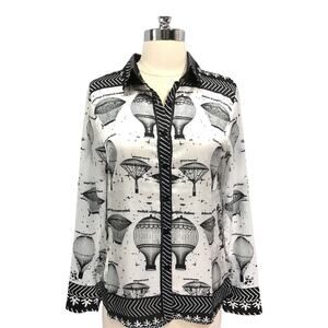 LAI MENG Size 2 Five Cat Japanese White Black Hot Air Balloon Novelty Top NWT!